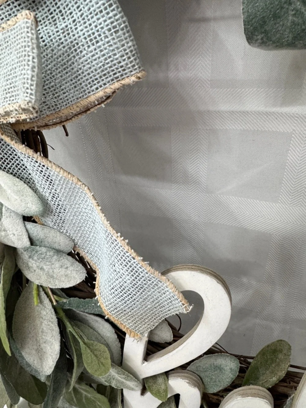 Farmhouse 'Hello' Cotton Greenery Grapevine Wreath w/ Blue Burlap Bow
